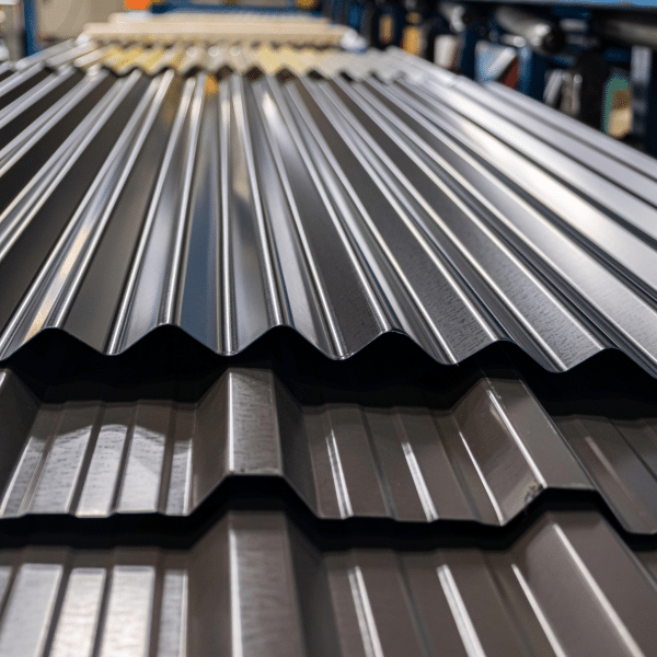 Close-up view of stacked, corrugated metal roofing sheets in a manufacturing facility, ideal for those curious about the cost to install a metal roof or considering a metal roof in Utah.