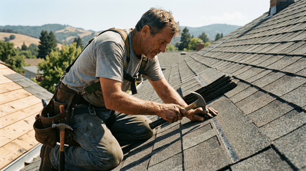 A man wearing work clothes and a tool belt installs asphalt shingles—one of the best roofing materials—on the roof of a Utah home with a hammer on a sunny day. Trees and hills are visible in the background.