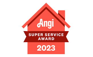 Image of a red house icon with "Angi" written at the top, a banner reading "Super Service Award" in the middle, and "2023" at the bottom.