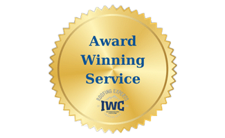 Gold badge with text "Award Winning Service" and "Roofing Expert IWC.