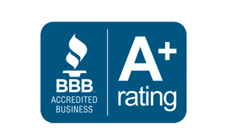 A blue rectangle with the BBB Accredited Business logo on the left and "A+ rating" on the right.