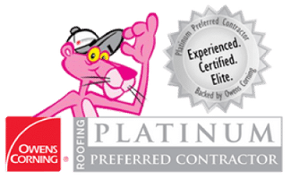 Owens Corning Roofing Platinum Preferred Contractor logo featuring the Pink Panther character and a badge stating "Experienced. Certified. Elite. Backed by Owens Corning.