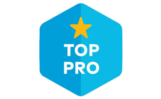 A blue hexagon with a yellow star above the words "TOP PRO" in white letters.