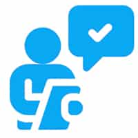 A blue icon of a person holding a tablet with a speech bubble containing a checkmark above it.