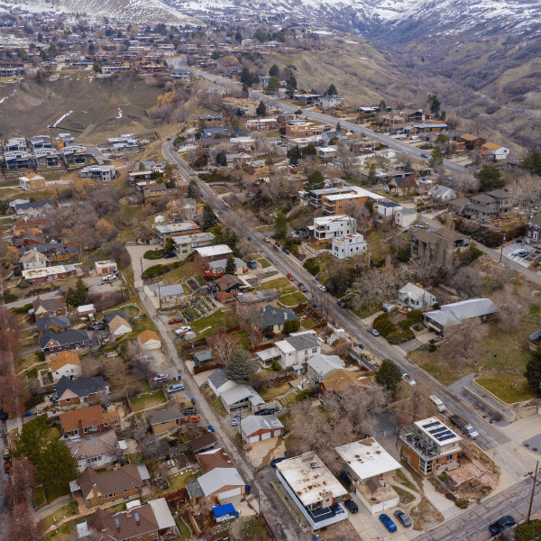 Aerial view of Utah homes near Wasatch Front showing rooftops